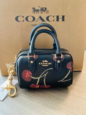 COACH CDB17 Mini Rowan Bag Charm Cherry Print Smooth Leather Gold/Black Multi